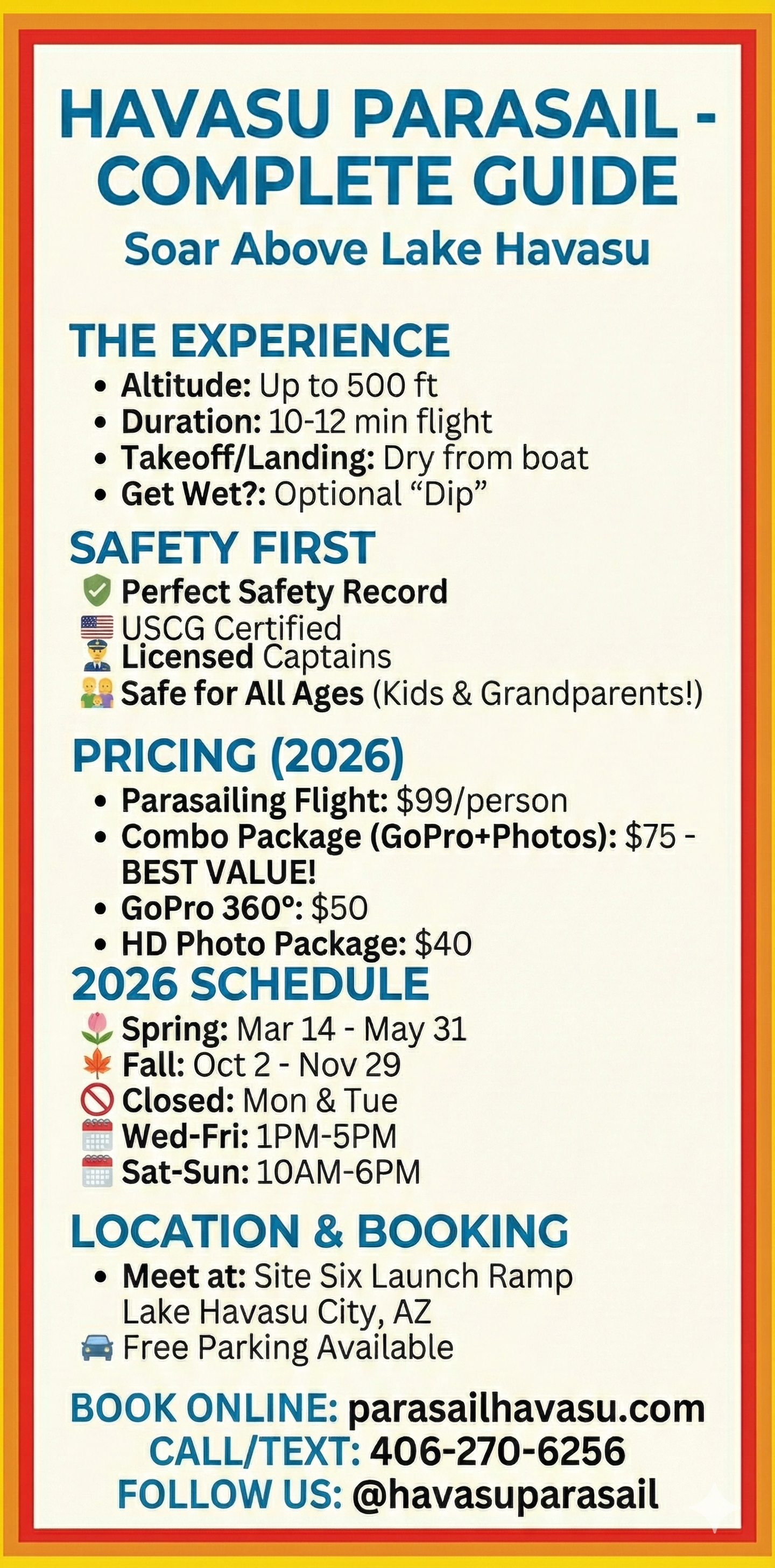 Havasu Parasail promotional rack card back with details